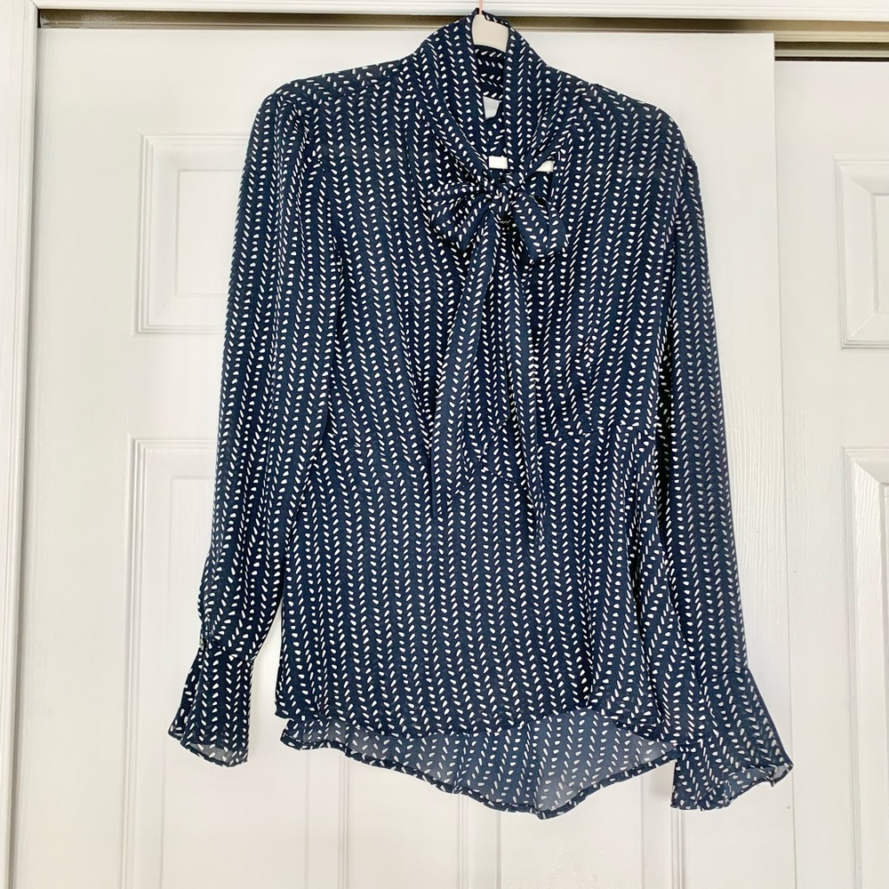 Classiques Entier Navy and White Long Sleeve Blouse  100%  Silk XS